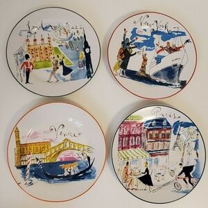 Vintage ROSANNA Bon Voyage Set 4 Dessert Plates New York, Paris, London, Venice